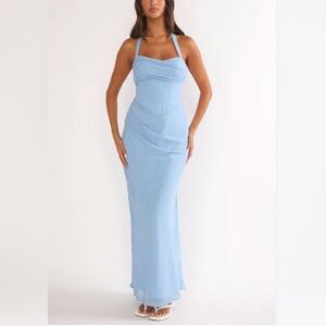Saints + Secrets Light Sky Blue Halter Evening Dress